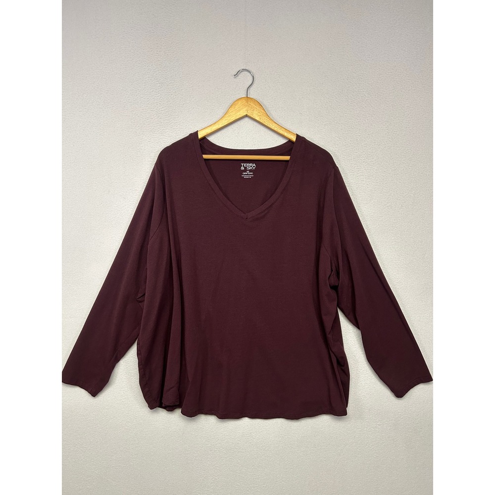 Casual Minimalist Terra & Sky Womens 4X Burgundy V-Neck Long Sleeve Tee